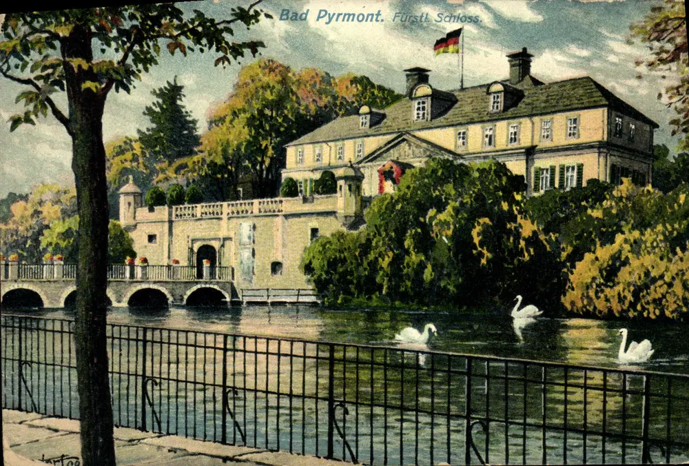 Bad Pyrmont. Castillo príncipe — vista del castillo con estanque y cisnes — editor Ernst Schnelle, número de serie no visible - Anverso