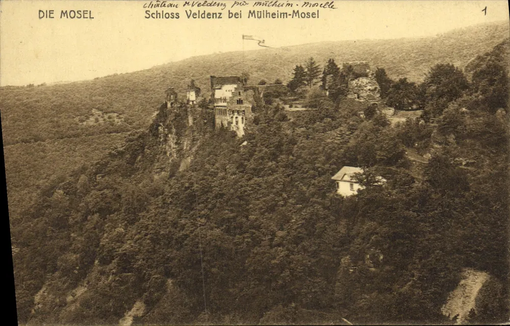 Castello di Veldenz vicino a Mülheim-Mosella — Ruine su scoglio, editore 'DIE MOSEL', n°1 - Recto