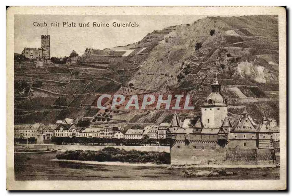 Caub mit Pfalz und Ruine Gutenfels — Ansicht des Dorfes und der Ruine an den Ufern des Rheins - Vorderseite