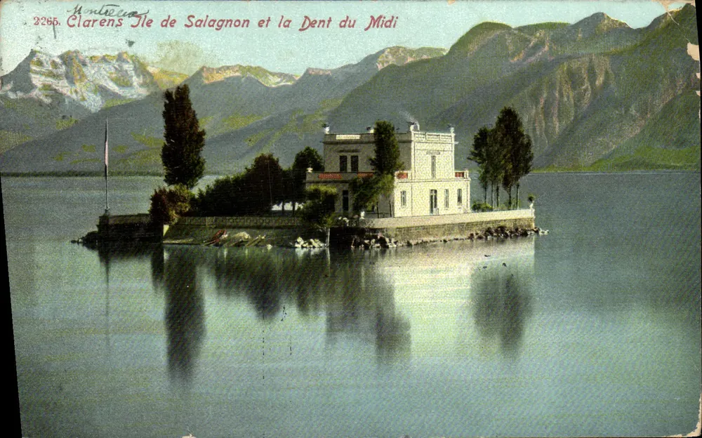 Ile de Salagnon et la Dent du Midi — vue d'une villa sur l'île avec montagnes en arrière-plan — éditeur Montecu, n° 3265 - Vorderseite
