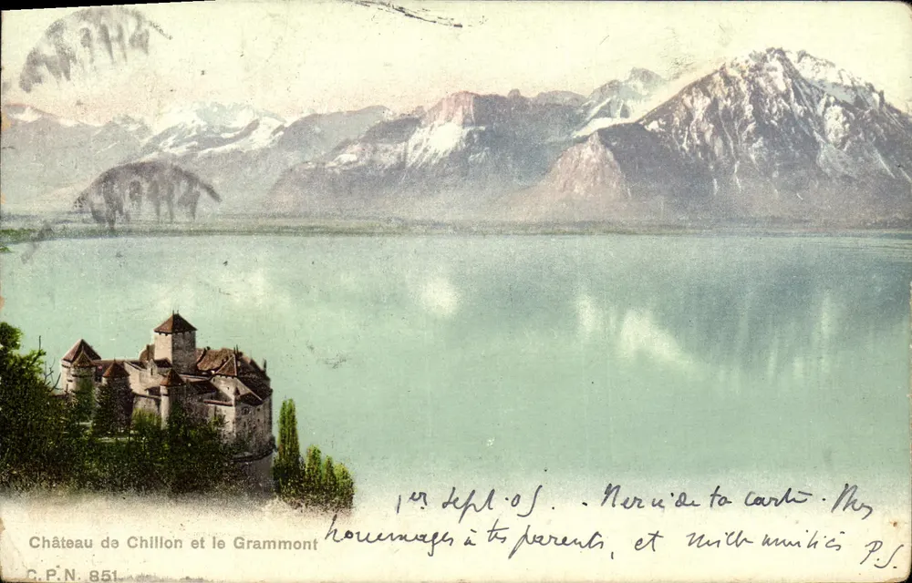 Castelo de Chillon e o Grammont — vista lacustre com montanhas nevadas — C.P.N. 851 - Frente