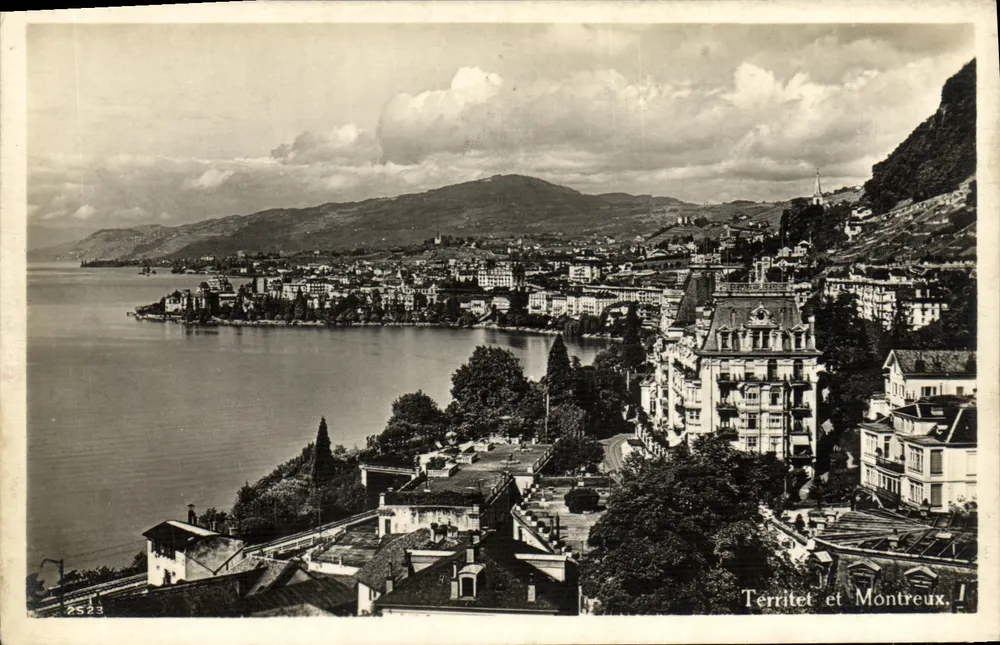 Territet e Montreux — vista panorâmica do lago Léman — Edições Barj, Lausanne, n° 2523 - Frente