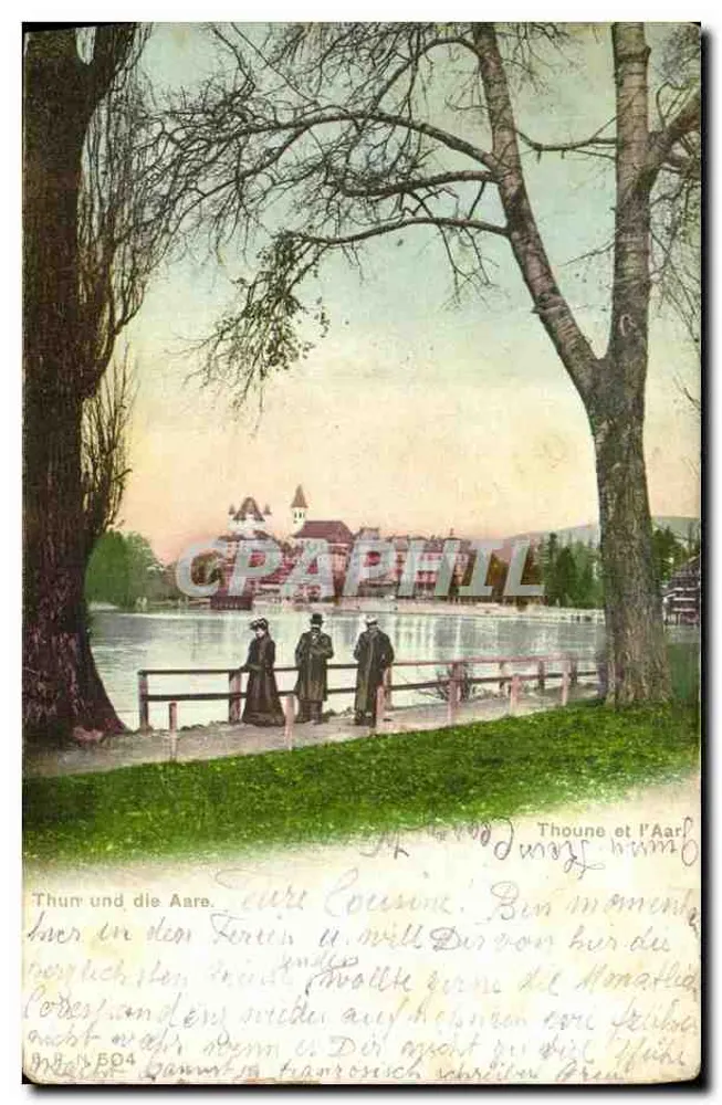 Thoune e o Lago Aare — vista do lago com três pessoas — editor não identificado, número de série não visível - Frente