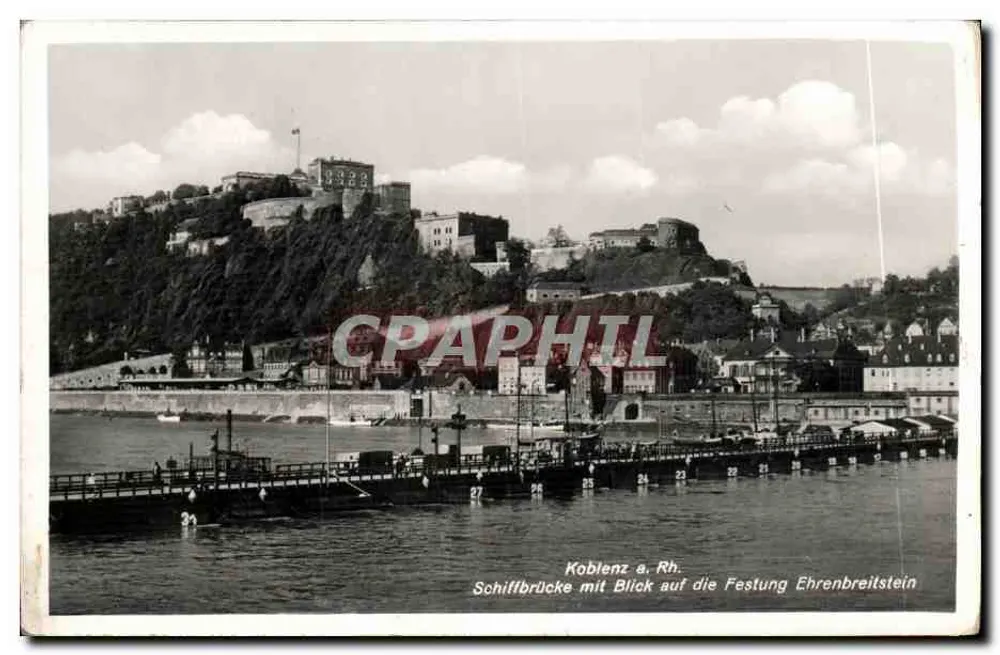 Koblenz a. Rh. — Schifffbrücke mit Blick auf die Festung Ehrenbreitstein — Verlag Rehöning & Co., Lübeck Nr. 5938 - Vorderseite