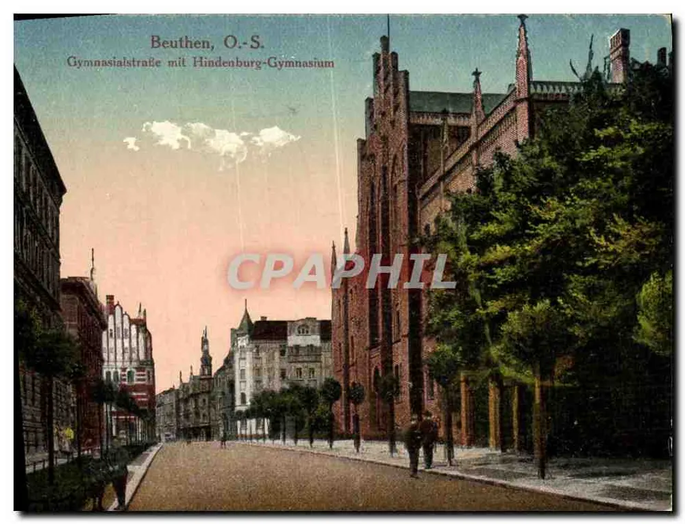 Beuthen, O.S. — Gymnasiastraße mit Hindenburg-Gymnasium — unbekannter Verlag, Seriennummer 7 - Vorderseite