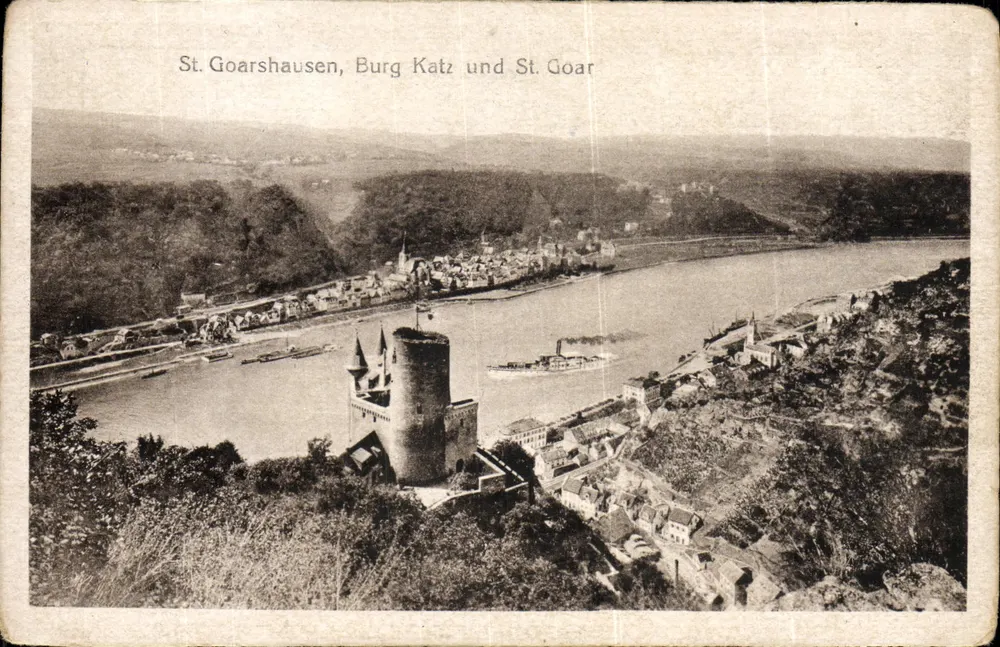 St. Goarshausen, Burg Katz und St. Goar — Panoramablick auf Schloss und Fluss - Vorderseite