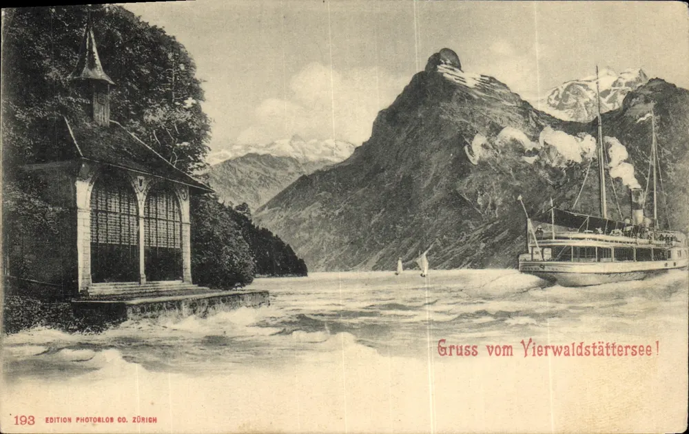 Lago de Vierwaldstättersee — vista com barco a vapor e capela — Edição Photolob Co. Zürich, n° 193 - Frente