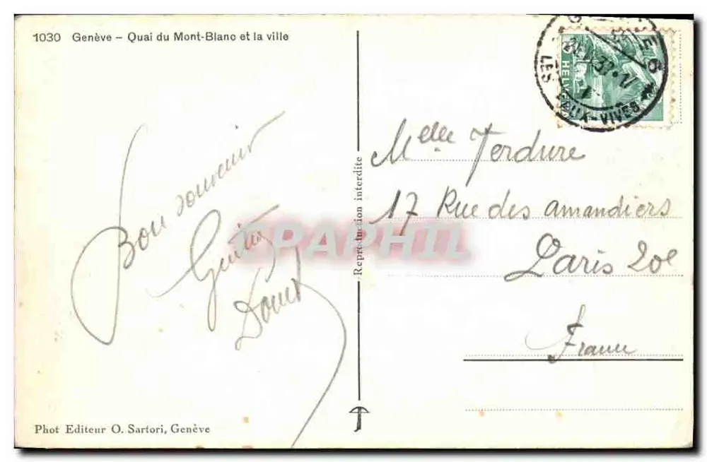 Genf – Quai du Mont-Blanc und die Stadt — Foto. Verlag O. Sartori, Genf, Nr. 1030 - Rückseite