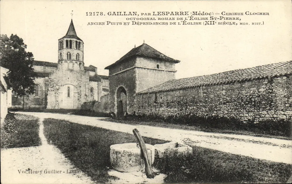 Gaillan, über Lesparre (Médoc) — merkwürdiger oktagonaler romanischer Turm der Kirche Saint-Pierre, 12. Jahrhundert — Vve. Henry Guillier - Labouheyre - Vorderseite