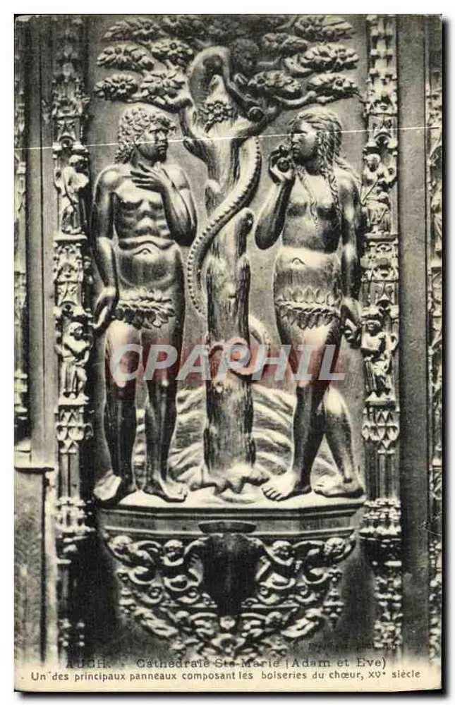 Auch - Kathedrale Ste-Marie (Adam und Eva) - Einer der Hauptpaneele, die die Holzarbeiten des Chors bilden, 15. Jahrhundert - Vorderseite