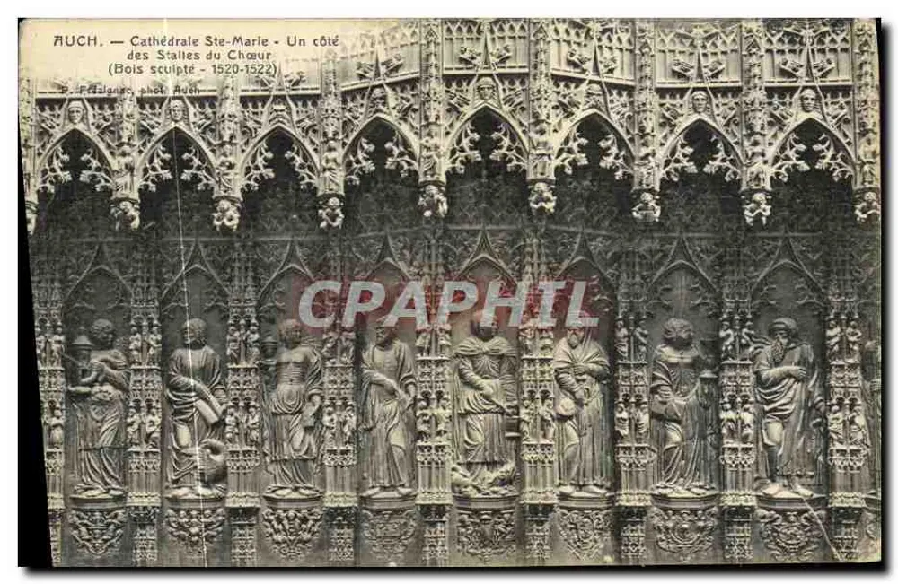 Auch — Kathedrale Sainte-Marie — Eine Seite der Chorbanken (Geschnitztes Holz — 1520–1522) — E. F. F. Flanze, phot. Auch - Vorderseite