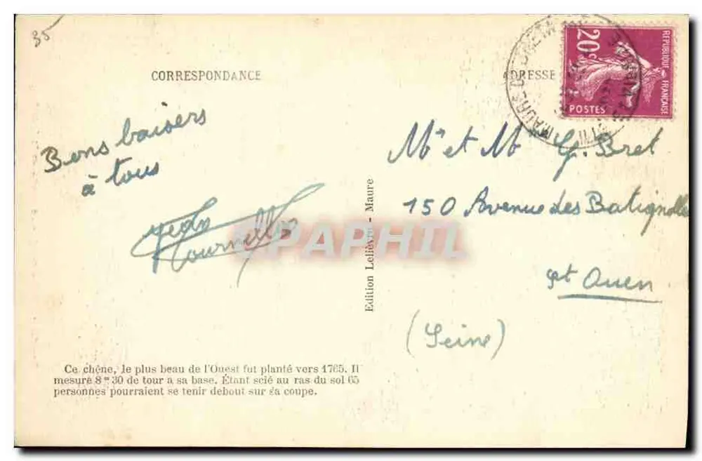 Maure (Ille-et-Vilaine) — A Carvalha da Tremblaye — Edição Lefèvre - Verso