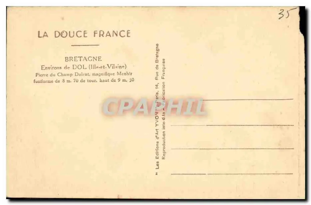 Pierre du Champ Dolent — Förmlicher Menhir — Les Éditions d'Art Yvonne, Paris - Rückseite