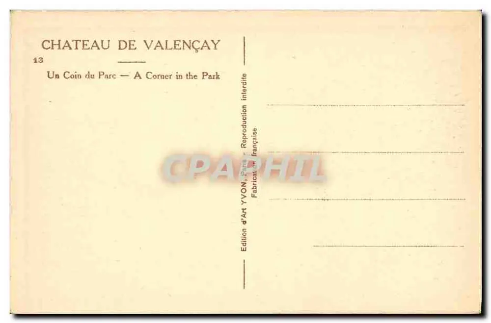 Castelo de Valençay — Um Canto do Parque — Edição d'Art YVON, Paris - Verso