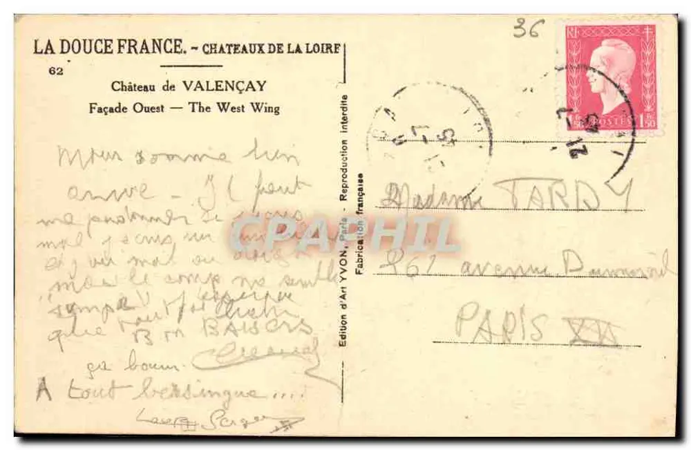 Castelo de Valençay — Fachada Oeste — Édition d'Art YVON - Verso