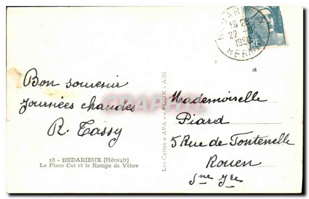 Bedarieux — La Place Cot und die Rampe de Vèbre — Les Cartes à APA n°-ALBI - Rückseite