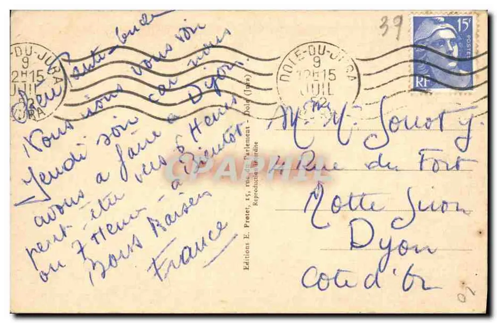 Dole (Jura) — Estátua de Pasteur — Edições E. Pretet, n°113 - Verso