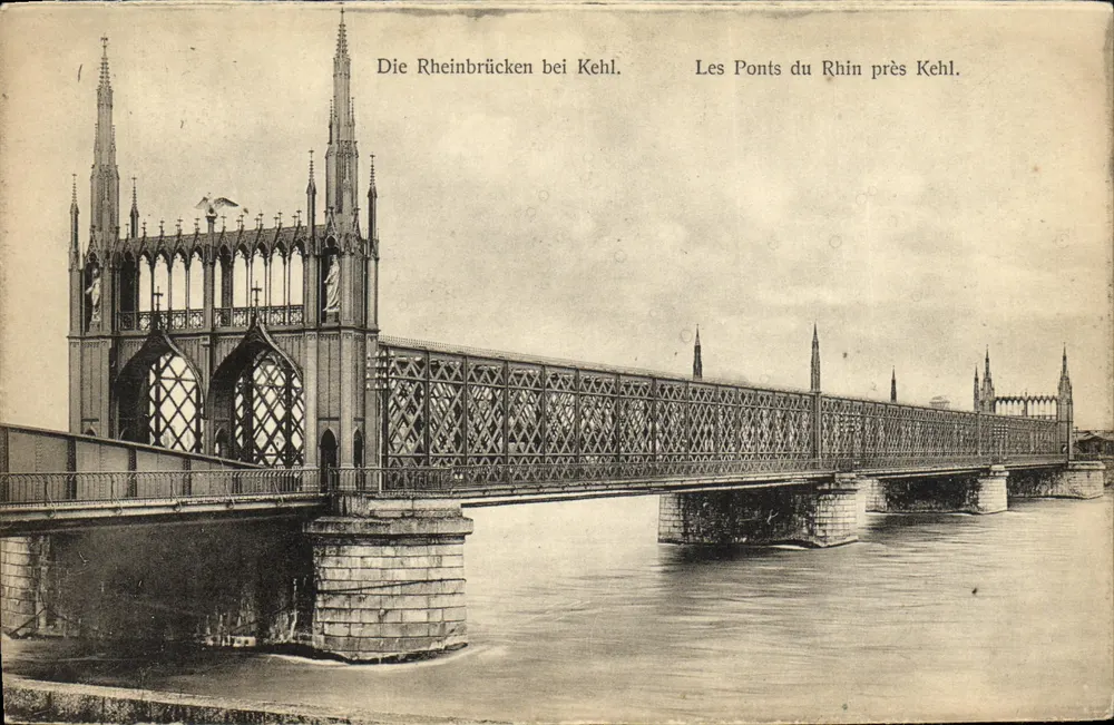 Los Puentes del Rin cerca de Kehl — vista de los puentes metálicos y su arquitectura gótica — editor no identificado, número de serie no visible - Anverso