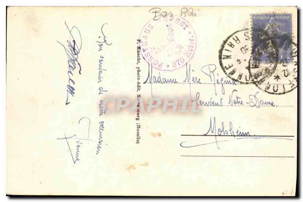 Rocher d'Urstein — altitude 947 m — editor P. Kneech, Suresnes (Moselle) - Verso