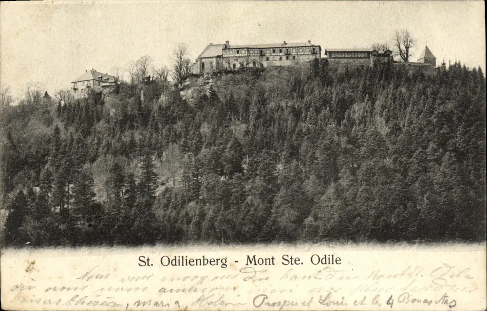 St. Odilienberg - Mont Ste. Odile — castelo em colina florestada — Jul. Merting & Cie, Strasbourg - Frente