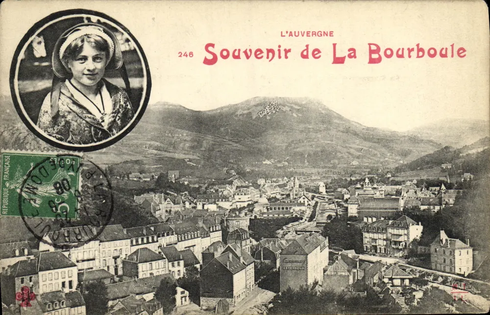 La Bourboule — vue panoramique avec portrait féminin — L'Auvergne, éditeur Souvenir de La Bourboule, n°248 - Frente