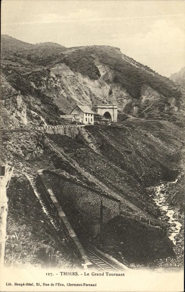 Thiers - O Grande Tornant — vista do túnel e da via férrea — Lib. Bougé-Béal, 21 Rue de l'Écu, Clermont-Ferrand - Frente
