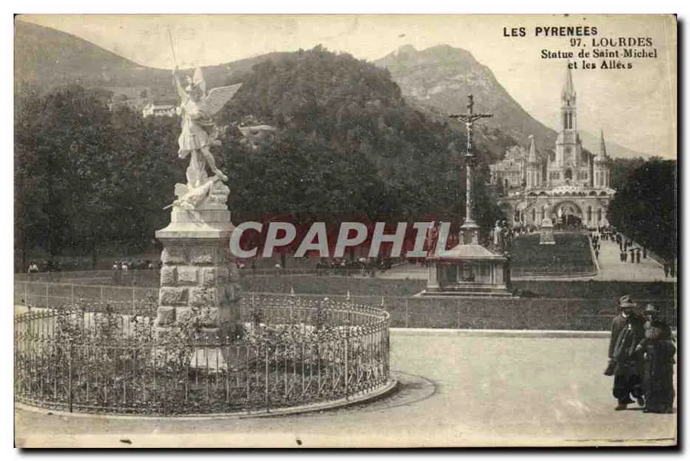 Lourdes — Statue des hl. Michael und die Allées — Verleger: Les Pyrénées, Nr. 97 - Vorderseite