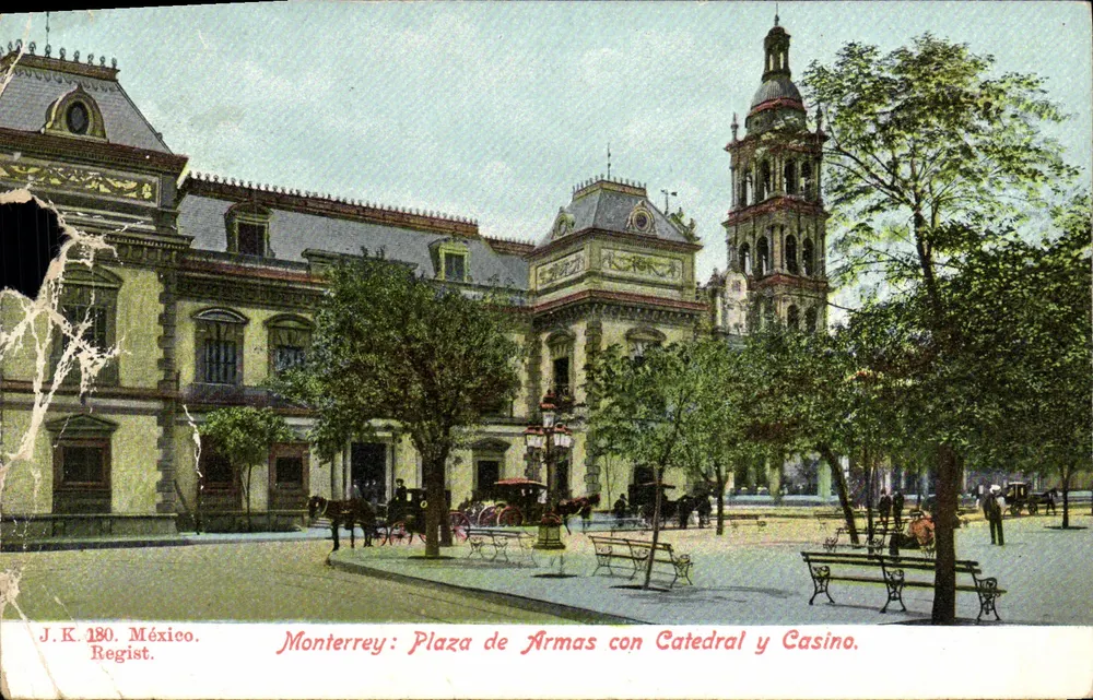 Monterrey: Plaza de Armas mit Kathedrale und Casino — J.K. México. Regist. 180. - Vorderseite