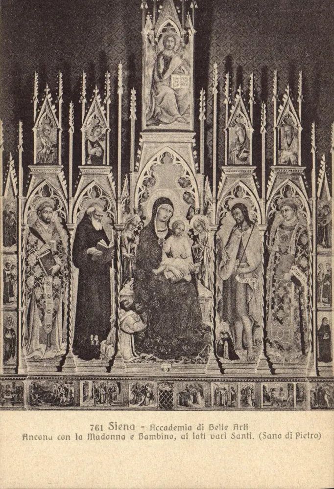 Siena - Accademia di Belle Arti — Ancona mit der Jungfrau und Kind, an den Seiten verschiedene Heilige (Sano di Pietro) - Vorderseite