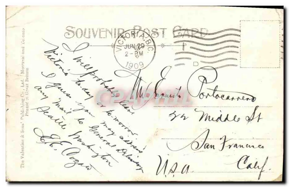 Government Street, Victoria, B.C. — vista urbana con peatones y ciclista — Valentine & Sons, Ltd. - Reverso