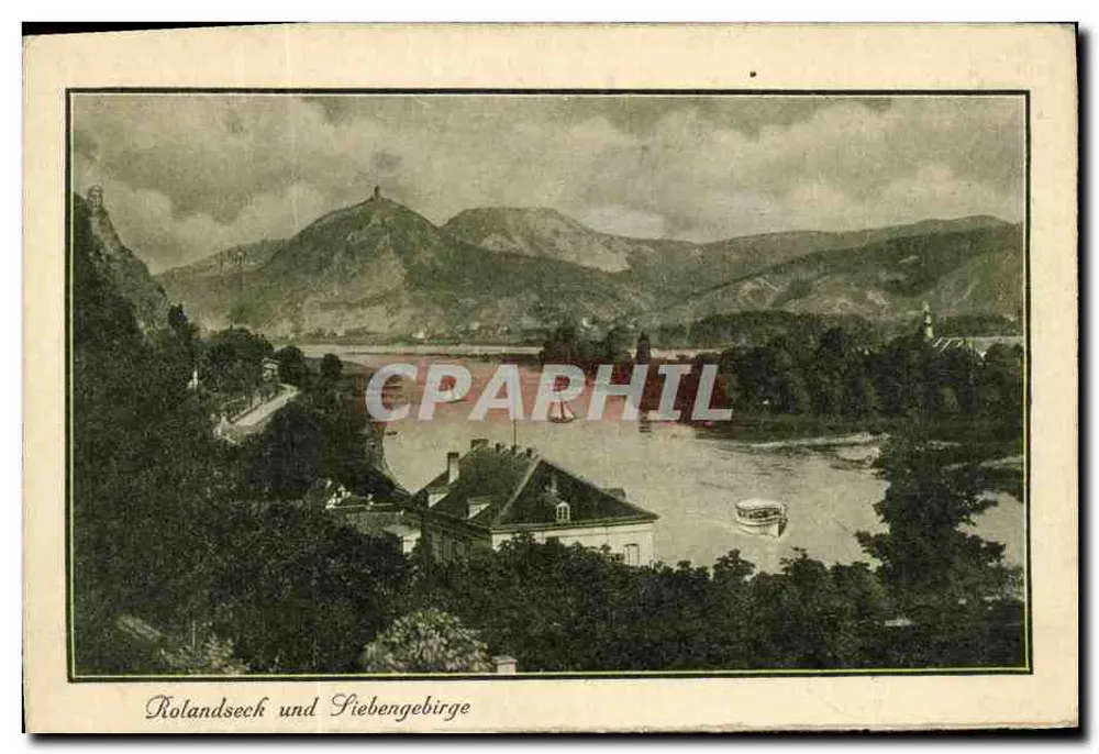 Rolandseck en Siebengebirge — uitzicht vanuit een panorama met een boot op de rivier — uitgever niet zichtbaar - Voorkant