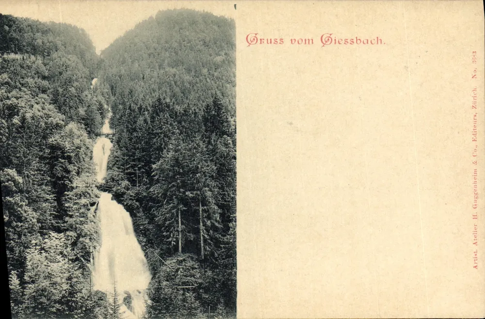 Cachoeira do Giessbach — vista panorâmica — Atelier H. Guggenhein & Co., Zürich, No. 3983 - Frente