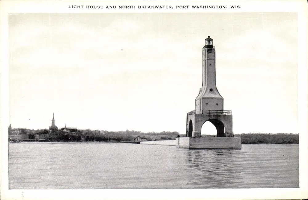 Leuchtturm und nördlicher Bruchkai, Port Washington, Wisconsin — Verlag E.C. Kemp Co., Milwaukee, Nr. 26849 - Vorderseite