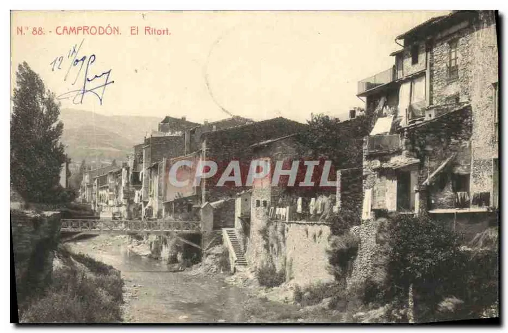 Camprodón. El Ritort — vista do ponte e das casas — Edição Vda. Moré y Fill, N° 88 - Frente