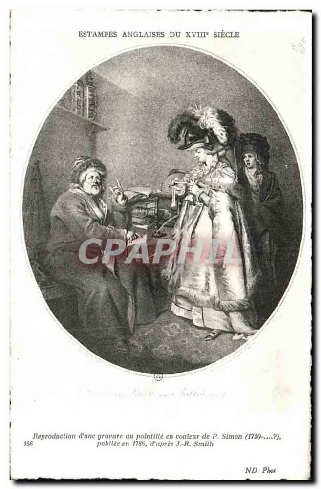 Estampas inglesas do século XVIII — reprodução gravura a ponta-seca de P. Simon (1750-...?), publicada em 1786, de acordo com J.-R. Smith — ND Phot, n° 156 - Frente