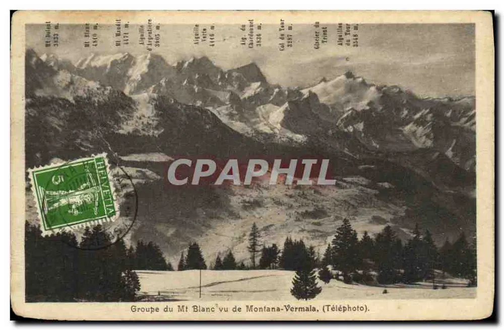 Gruppe des Mont Blanc von Montana-Vermala gesehen — (Teleobjektiv) — Edit. G. Werro, Photo-Hall, Montana-Vermala, n°759 - Vorderseite