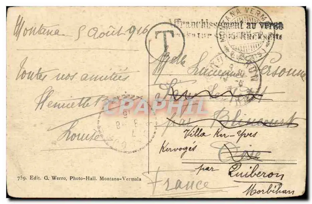 Gruppe des Mont Blanc von Montana-Vermala gesehen — (Teleobjektiv) — Edit. G. Werro, Photo-Hall, Montana-Vermala, n°759 - Rückseite