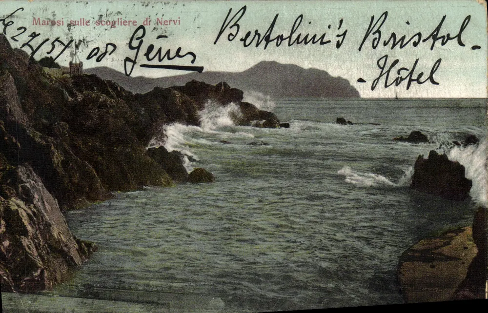 Marosi sulle scogliere di Nervi — View of the waves on the cliffs — Verlag Bertolini's Bristol Hotel - Vorderseite