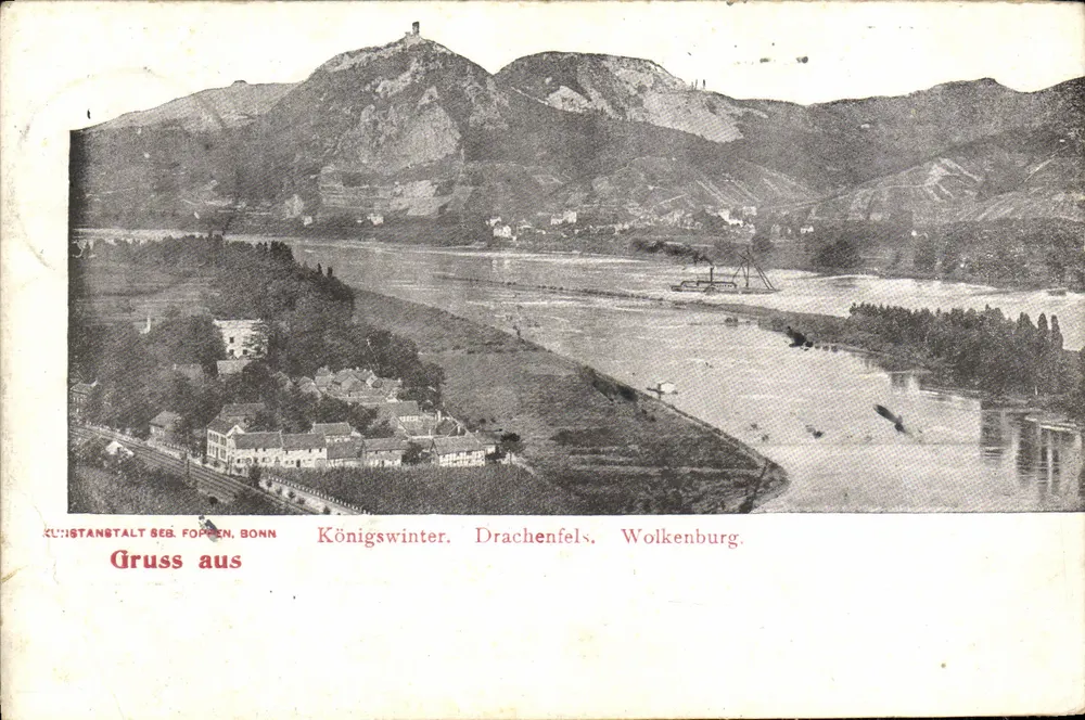 Königswinter. Drachenfels. Wolkenburg — uitzicht op de rivier de Rijn — uitgever Kuistanstalt B. Foppen, Bonn - Voorkant