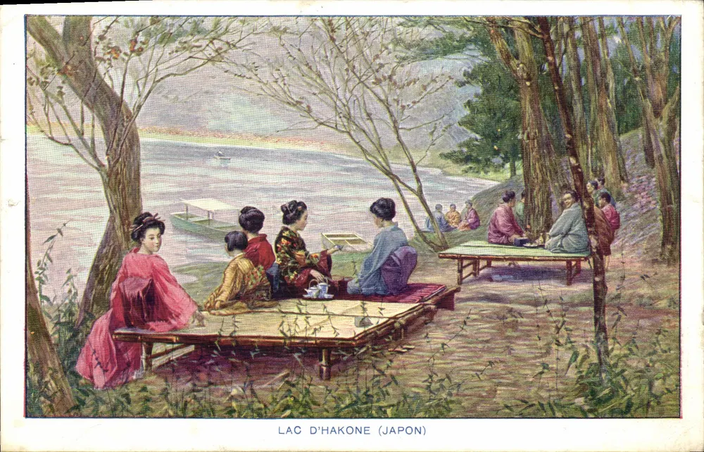 Lago de Hakone (Japão) — cena de descanso à beira de um lago — Union Universelle, série N - Frente