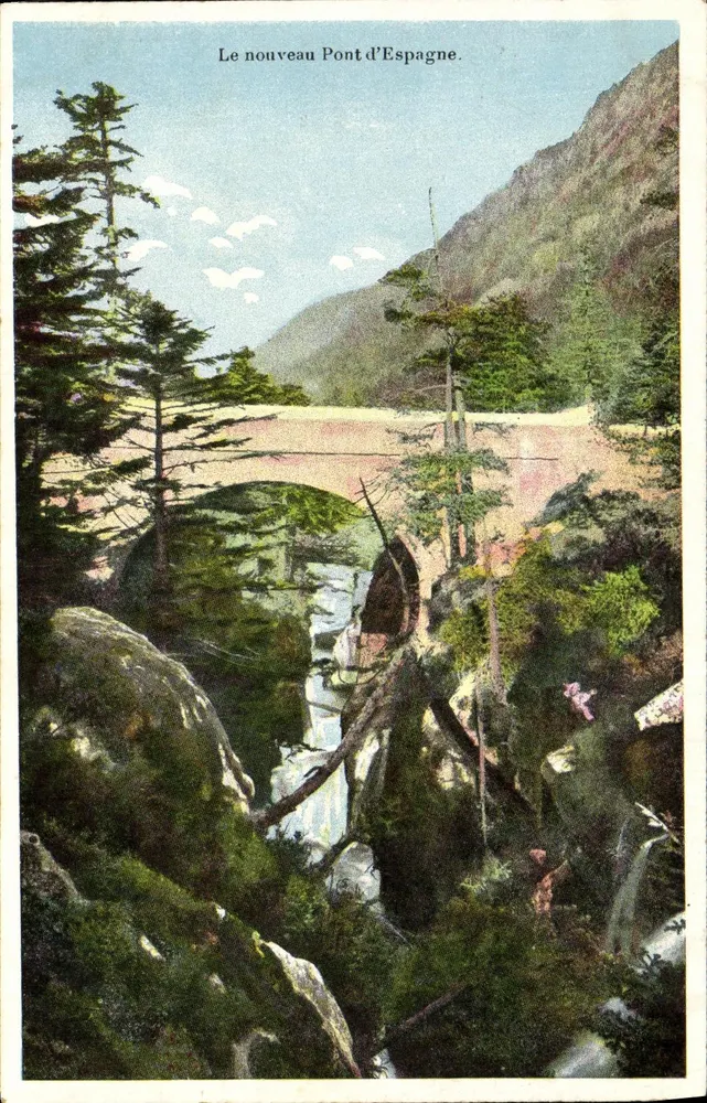 O novo Ponte da Espanha — vista do ponte em arco sobre um canyon com cascata — Edição do Chocolate Poulain - Frente