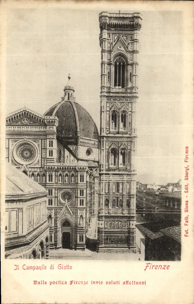 O Campanile de Giotto em Florença — vista da catedral — Fot. Falb, Siena - Edit. Sborgi, Florença - Frente