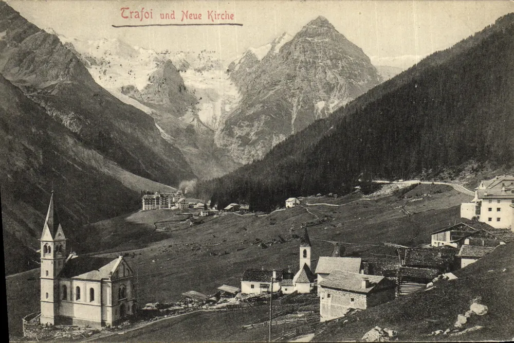 Trafoi und Neue Kirche — vista panorâmica do vilarejo e da montanha — editor Blengel & Co., Draden - Frente