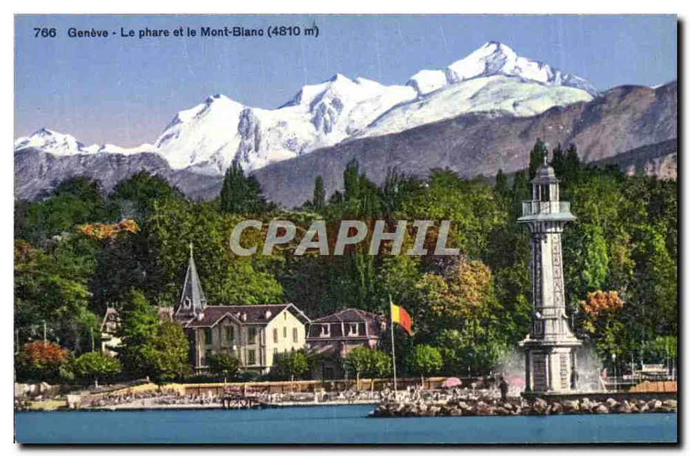 Ginevra - Il faro e il Monte Bianco (4810 m) — Fototipia Co., Montreux, n° 766 - Recto