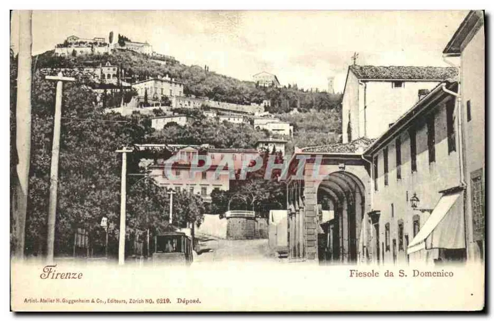 Fiesole da S. Domenico — vista da cidade e do monte Bello — Artista. Alaller H. Guggenheim & Co., Editores, Zürich NO. 6319. Dépôr. - Frente