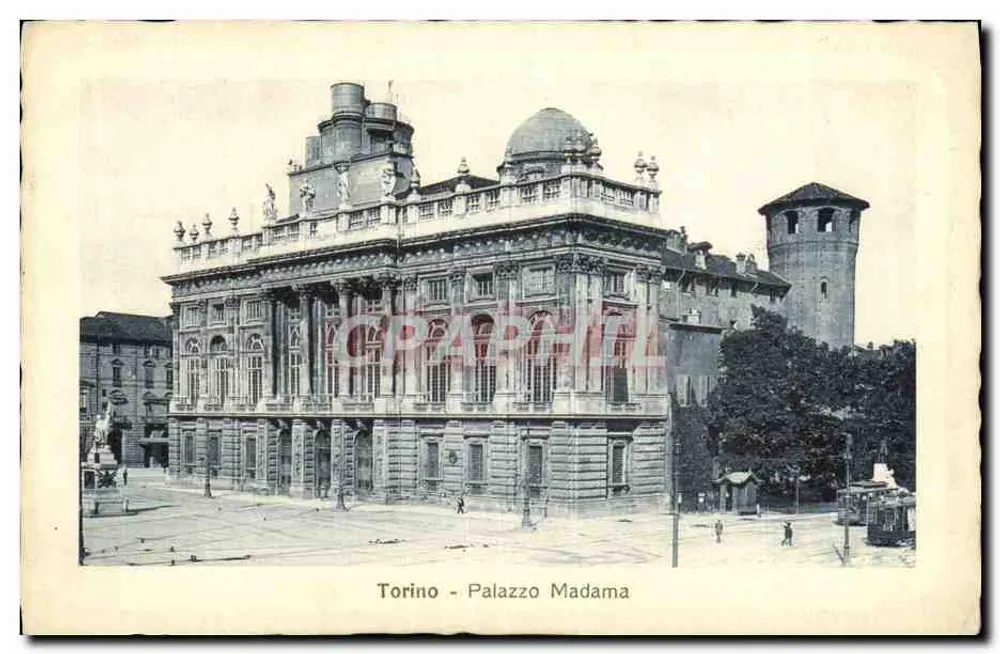 Turim - Palácio Madama — vista do edifício histórico com torre e estátua — G. Moulano & Co. - Milão - 12899 - Frente