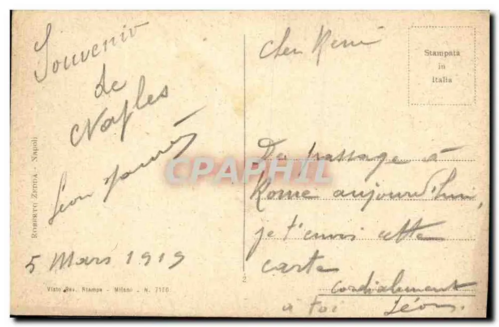 Napoli - Via Roma - Largo Garità — Ansicht einer belebten Straße mit Statue und Kutschen — Verlag Roberto Zema, Mailand, n° 7110 - Rückseite
