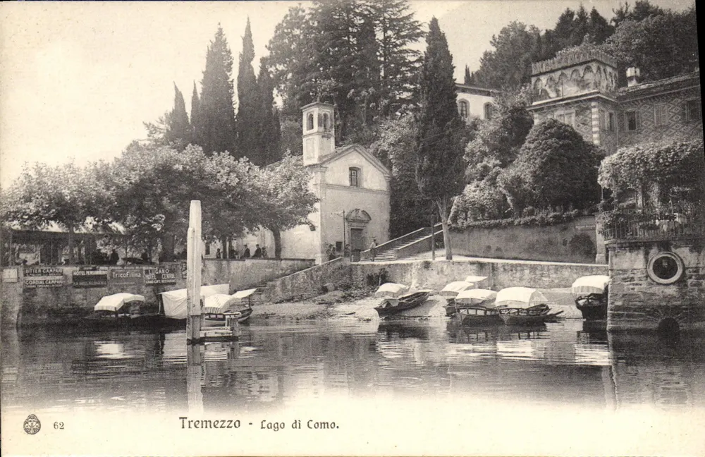 Tremezzo - Lago di Como — vista do lago com igreja e barcos — editor Brunner & C. n°62 - Frente