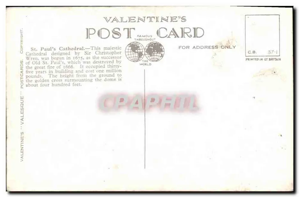 Catedral de São Paulo, Londres — Valentine's Postcards, n° 85595 - Verso