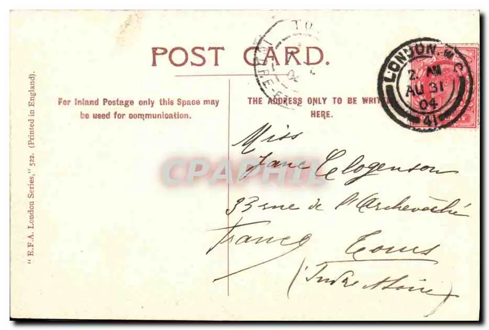 Londres. Westminster Bridge e Torre da Hora — E.F.A. London Series n°532, editor R. Yepsin - Verso
